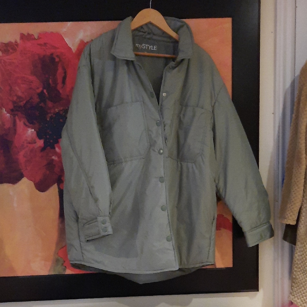 Women's PLUS SIZE 2X KHAKI Spring Jacket Packable Men's Wear Hi-Lo Shirt style🌻